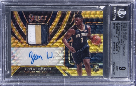 2019-20 Panini Select Rookie Jersey Autographs Gold Wave Prizm #1 Zion Williamson Signed Patch Rookie Card - BGS MINT 9/BGS 10